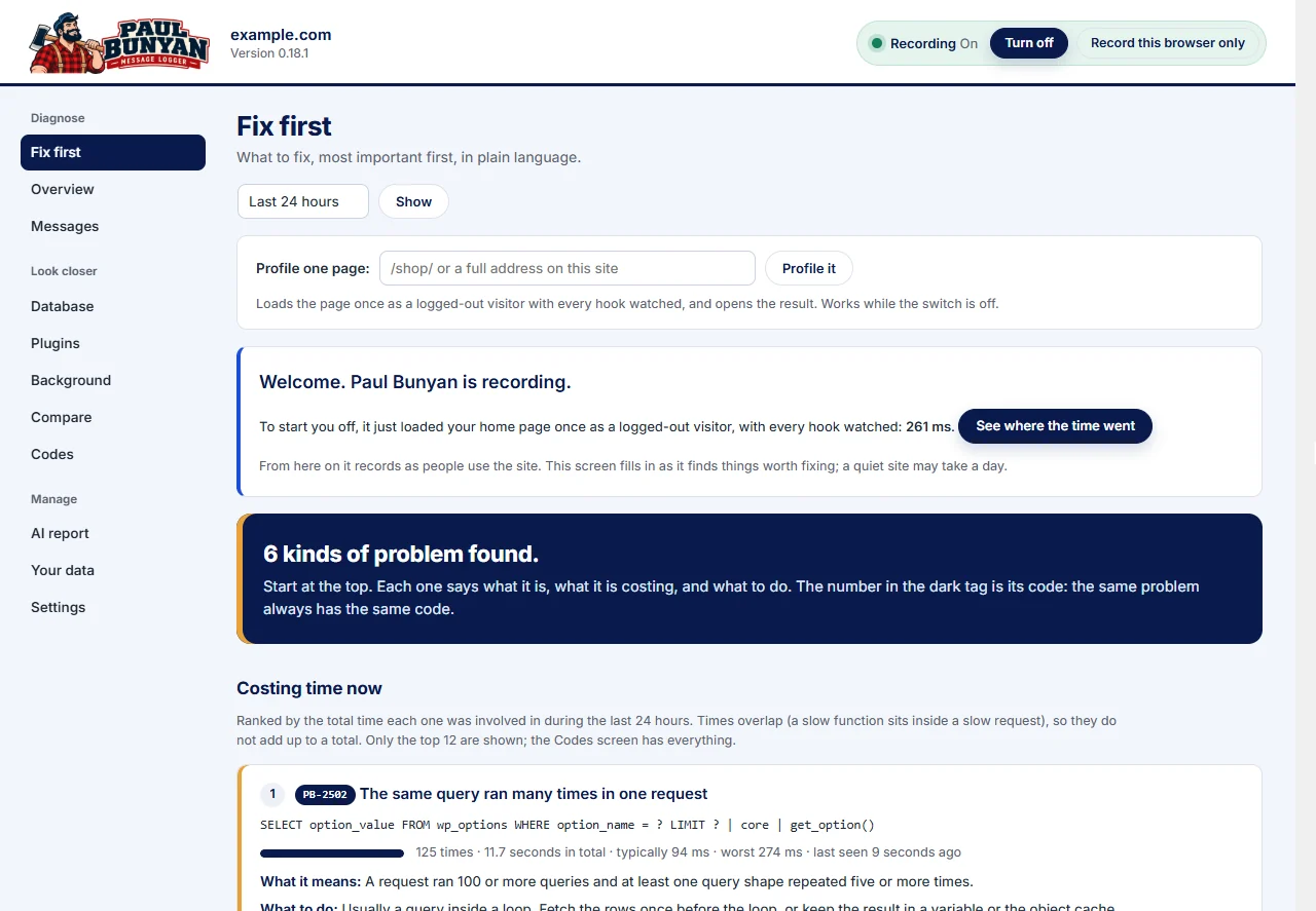 Paul Bunyan Fix first screen ranking six kinds of problem by total cost, each with its PB code, what it means and what to do
