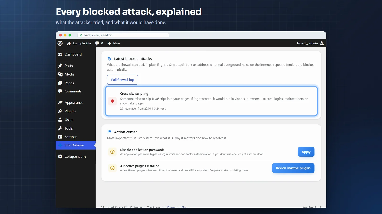 Diamond Sierra Site Defense: every blocked attack explained in plain English, with an action center below