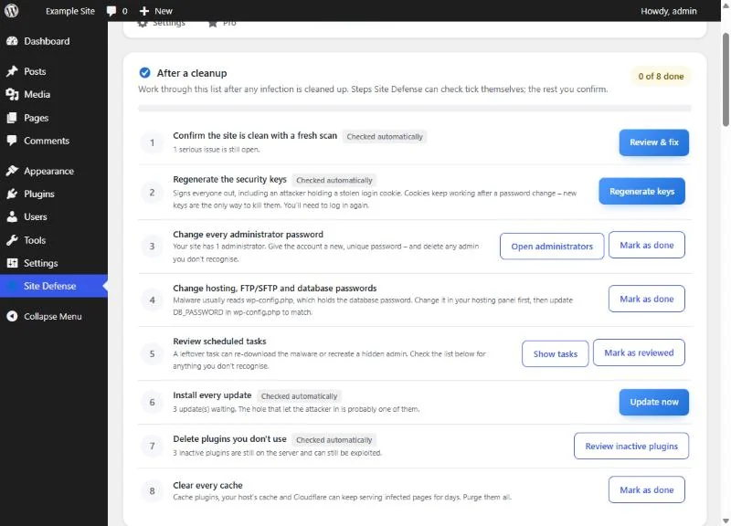 Diamond Sierra Site Defense Pro: the recovery checklist to work through after a cleanup