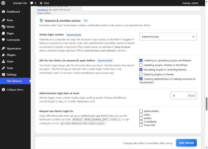 Sessions and sensitive actions: stolen-cookie protection, the actions that ask for two-factor again, administrator login length and roles that require two-factor